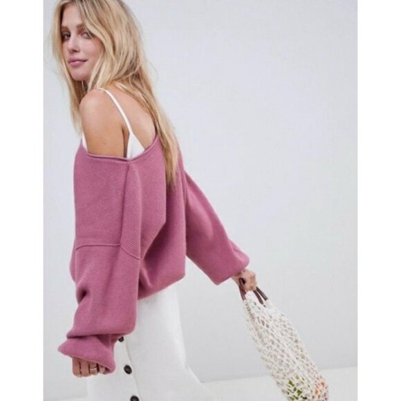 Free People XS Sweater Shadow Crew Mauve Pink Balloon Sleeves Ribbed Oversized - Picture 8 of 8
